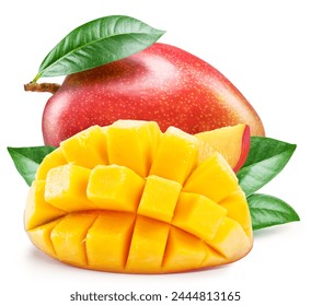 Mango fruit with green leaf and mango cut in hedgehog style on white background. File contains clipping path. - Powered by Shutterstock