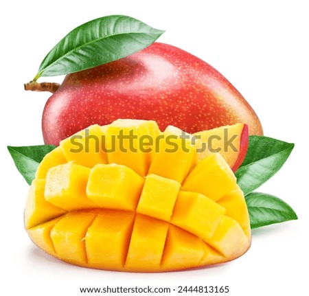 Mango fruit with green leaf and mango cut in hedgehog style on white background. File contains clipping path.