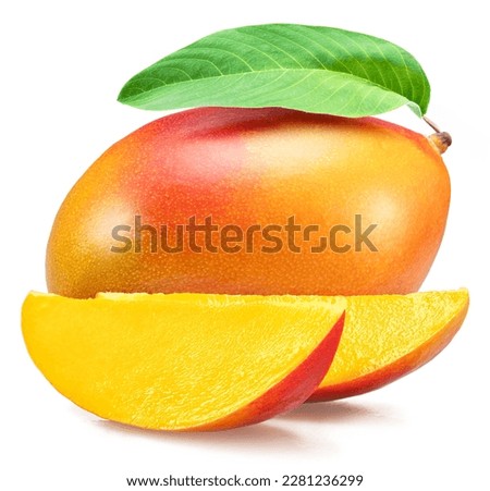 Mango fruit with green leaf and mango slices isolated on white background.