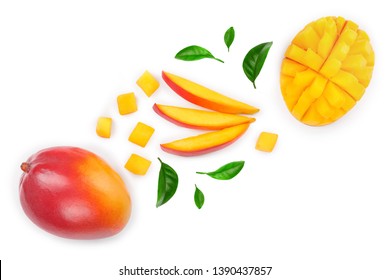 Mango Fruit And Half With Slices Isolated On White Background. Top View. Flat Lay