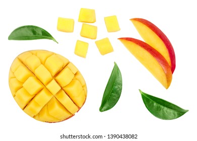 Mango fruit half with slices isolated on white background. Set or collection. Top view. Flat lay - Shutterstock ID 1390438082