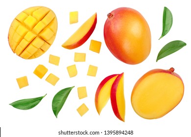 Mango fruit half with slices isolated on white background. Set or collection. Top view. Flat lay