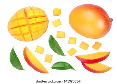Mango fruit half with slices isolated on white background. Set or collection. Top view. Flat lay - Shutterstock ID 1413938144