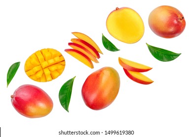Mango fruit and half with slices isolated on white background. Set or collection. Top view. Flat lay - Shutterstock ID 1499619380