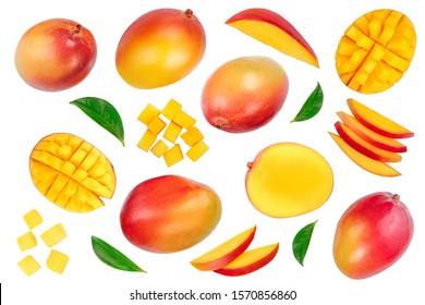Mango Fruit Half With Slices Isolated On White Background. Set Or Collection. Top View. Flat Lay