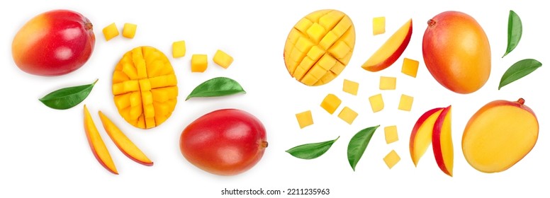 Mango fruit and half with slices isolated on white background. Top view. Flat lay