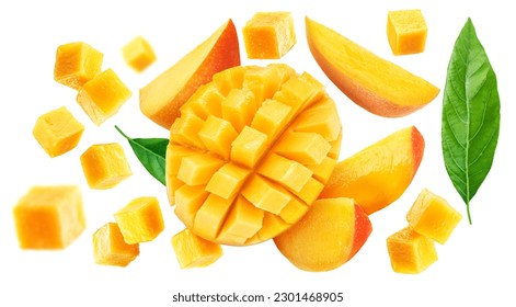 Mango fruit slices and mango cubes flying isolated on white background. - Powered by Shutterstock