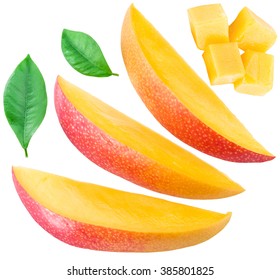 Mango fruit slices, cubes and leaves over white. File contains clipping paths. - Shutterstock ID 385801825
