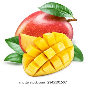 Mango fruits with green leaf and mango cut in hedgehog style isolated on white background. - Powered by Shutterstock