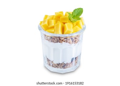 Mango Greek Yogurt Granola Parfait In A Glass On A White Isolated Background. Toning. Selective Focus