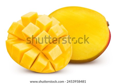 Mango half. Mango clipping path. Organic mango fruit macro studio photo. Full depth of field