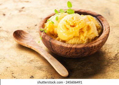 Mango Ice Cream Sorbet In Olive Wood Bowl