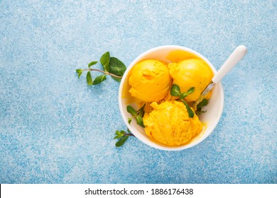 Mango Ice Cream, Sorbet In A Plate On A Concrete Background, Top View