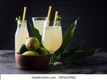 Mango juice OR Aam Panna or Panha in a transparent glass with whole green fruit, selective focus
