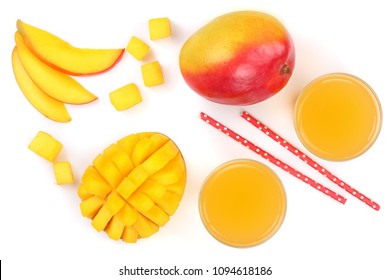 Mango Juice And Fruit Isolated On White Background Close-up. Top View. Flat Lay