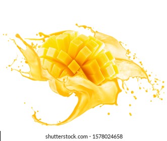 Mango In Juice Splash Isolated On A White Background