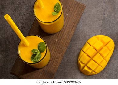 Mango Lassi With Mango On Side, Overhead View