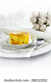 Mango And Passion Fruit Cascade Dessert In A Vintage Setting Against A Bright, Light Background. The Perfect Image For Your Wedding Breakfast Or Dessert Menu Cover Design.