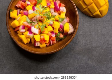 Mango Salsa Overhead View On Moody Background