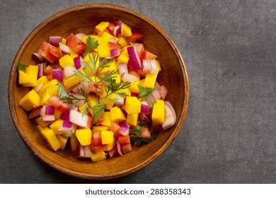 Mango Salsa Overhead View On Grey Background