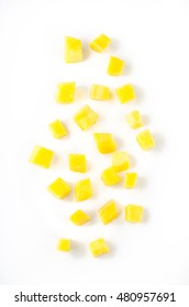 Mango Slice Cut To Cubes Isolated On White Background. Top View.