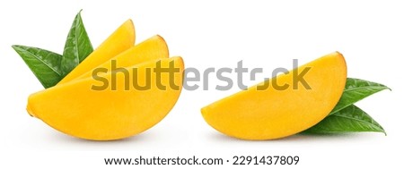 Mango slice. Fresh organic mango with leaves isolated on white background. Mango with clipping path