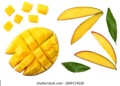 mango slice with green leaves isolated on white background. top view - Shutterstock ID 1009174528