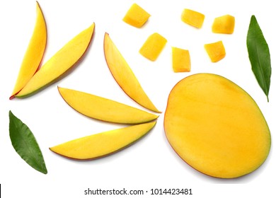 Mango Slice With Green Leaves Isolated On White Background. Top View