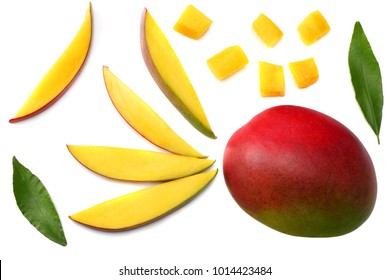 Mango Slice With Green Leaves Isolated On White Background. Top View