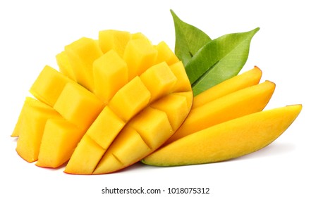 Mango Slice With Green Leaves Isolated On White Background. Top View