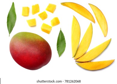 Mango Slice With Green Leaves Isolated On White Background. Top View