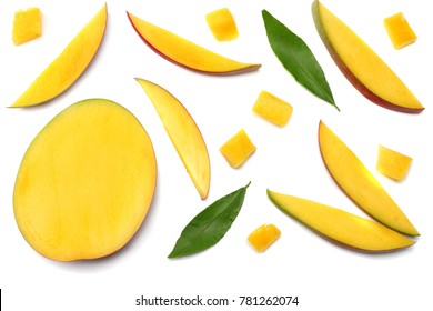 Mango Slice With Green Leaves Isolated On White Background. Top View