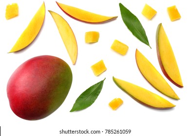 Mango Slice With Green Leaves Isolated On White Background. Top View