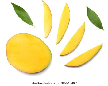 Mango Slice With Green Leaves Isolated On White Background. Top View