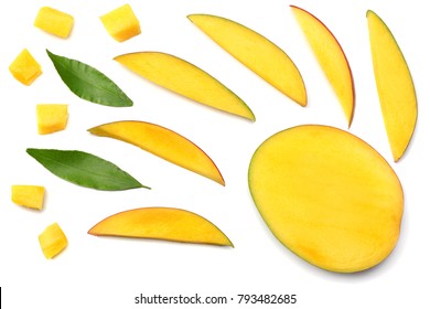 Mango Slice With Green Leaves Isolated On White Background. Top View