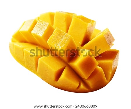 Mango slice isolated cut to cubes   with clipping path, no shadow in white background, mango cut to cube pieces, healthy tropical fruit
