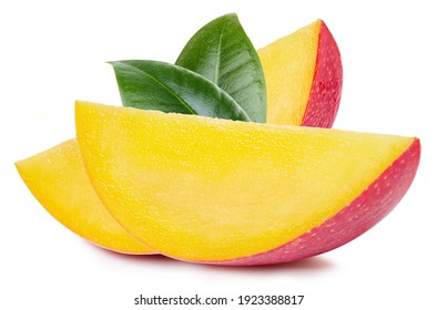 Mango slice with leaves. Fresh organic mango isolated on white background. Mango with clipping path