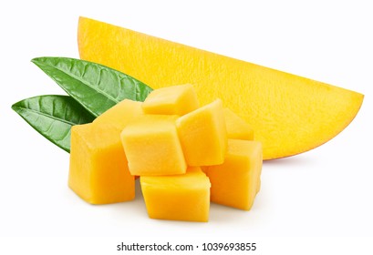 Mango Slice With Leaves Isolated On White Background