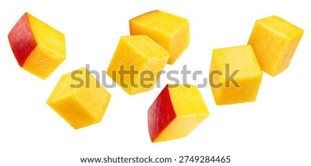 Mango sliced fruit isolated on white background. Mango cubes clipping path