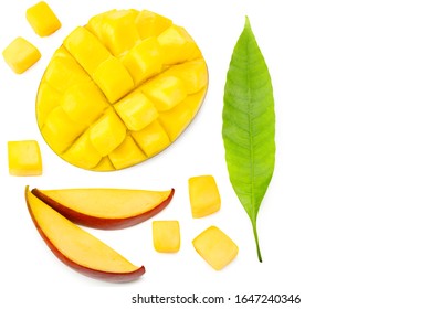 mango slices with green leaves isolated on white background. healthy food. top view - Shutterstock ID 1647240346