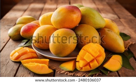 mango with slices on table. mangoes. healthy food 