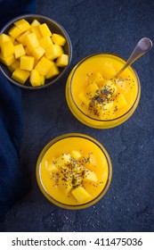 Mango Smoothie In Glass With Chia Seeds And Fresh Mango , Top View