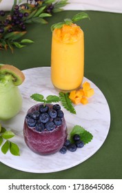 Mango Smoothie, Kiwi Smoothie And Blueberry Smoothie.