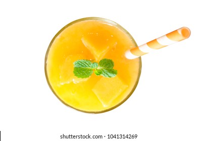Mango Smoothies Juice Fruit  Isolated From The White Background From The Top View.  