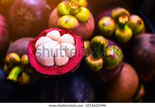 Mangosteen and\
cross section showing the thick purple skin and white flesh of the\
queen of friuts, Delicious mangosteen fruit arranged on a bowl,\
Mangosteen flesh, closeup.\
Mangosteen.
