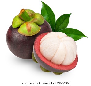 Mangosteen with leaves isolated on white background, Whole Mangosteen fruit with slice isolated on white with clipping path