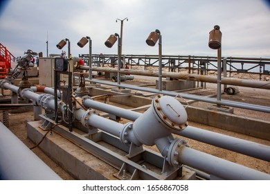 Mangystau Region, Kazakhstan - May 19 2012: Bautino Bay. Oil Loading Terminal On Caspian Sea. Fire Extinguishers And Pipes.