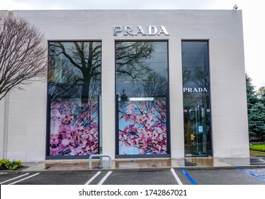 MANHASSET, NEW YORK - APRIL 18, 2020: Prada Store In Americana Manhasset. Americana Manhasset Is An Upscale, Open-air Shopping Center Located In  New York's Suburb