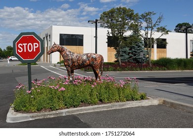 MANHASSET, NEW YORK - APRIL 18, 2020: Painted Horse At The Americana Manhasset. Americana Manhasset Is An Upscale, Open-air Shopping Center Located In Long Island, New York