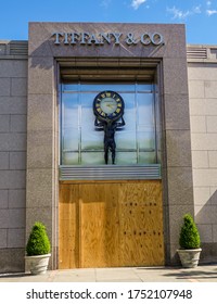 MANHASSET, NEW YORK - JUNE 7, 2020: Tiffany & Co Store Boards Up As A Precaution To Prevent Looting Of The Store In Americana Manhasset Luxury Shopping Mall